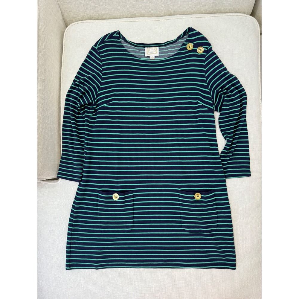 Sail to Sable Dress Womens XL Striped Gold Button Pocket Tunic Knit Excellent